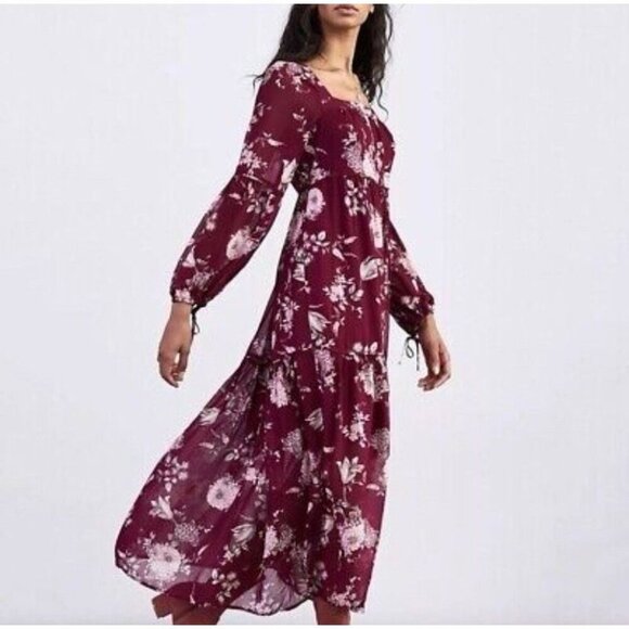Anthropologie Evelin Maxi Dress Wine Floral Long Puff Sleeve Burgundy Size XS - Picture 1 of 16